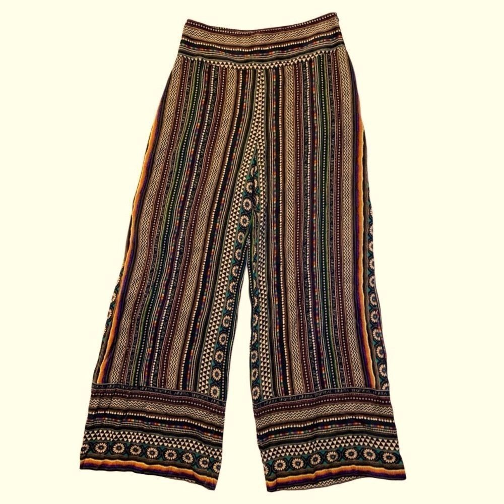 Anthropologie Farm Rio Floral Striped Multicolored Boho Wide Leg Pants Sz Small